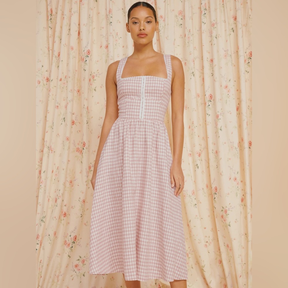 Reformation Tagliatelle Linen Dress in Blush Check | Size 4